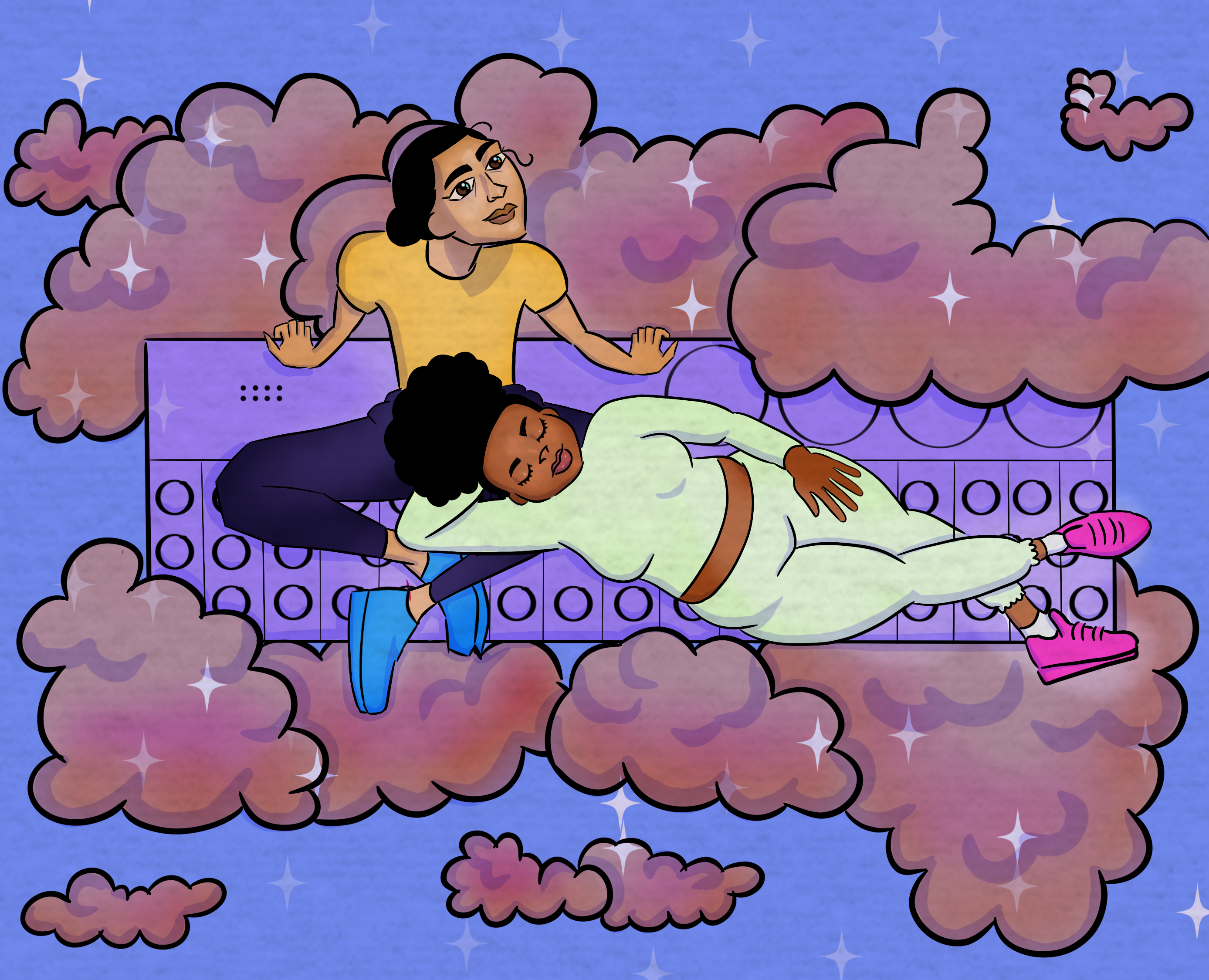 Digital art from above two people relaxing on a giant OPZ floating in space 