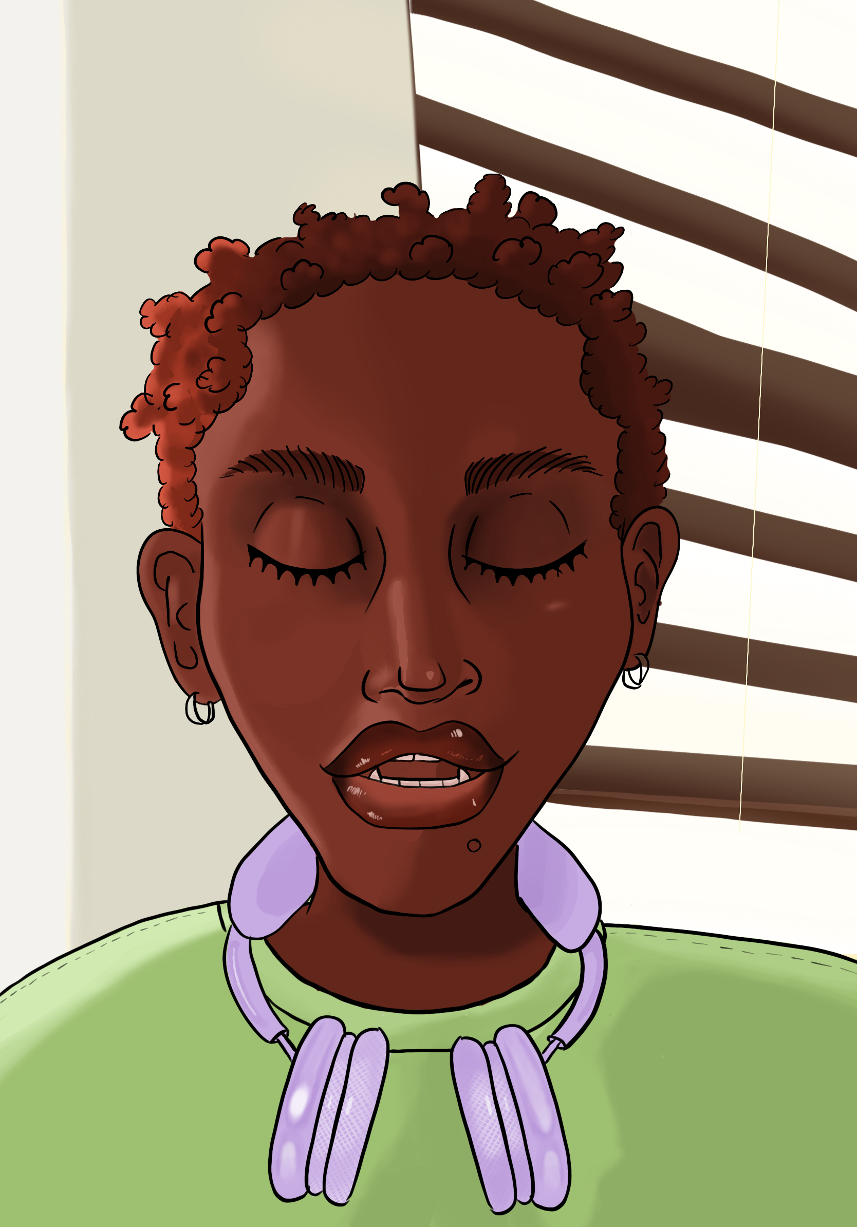 Digital painting of woman with headphones around her neck in a close up 