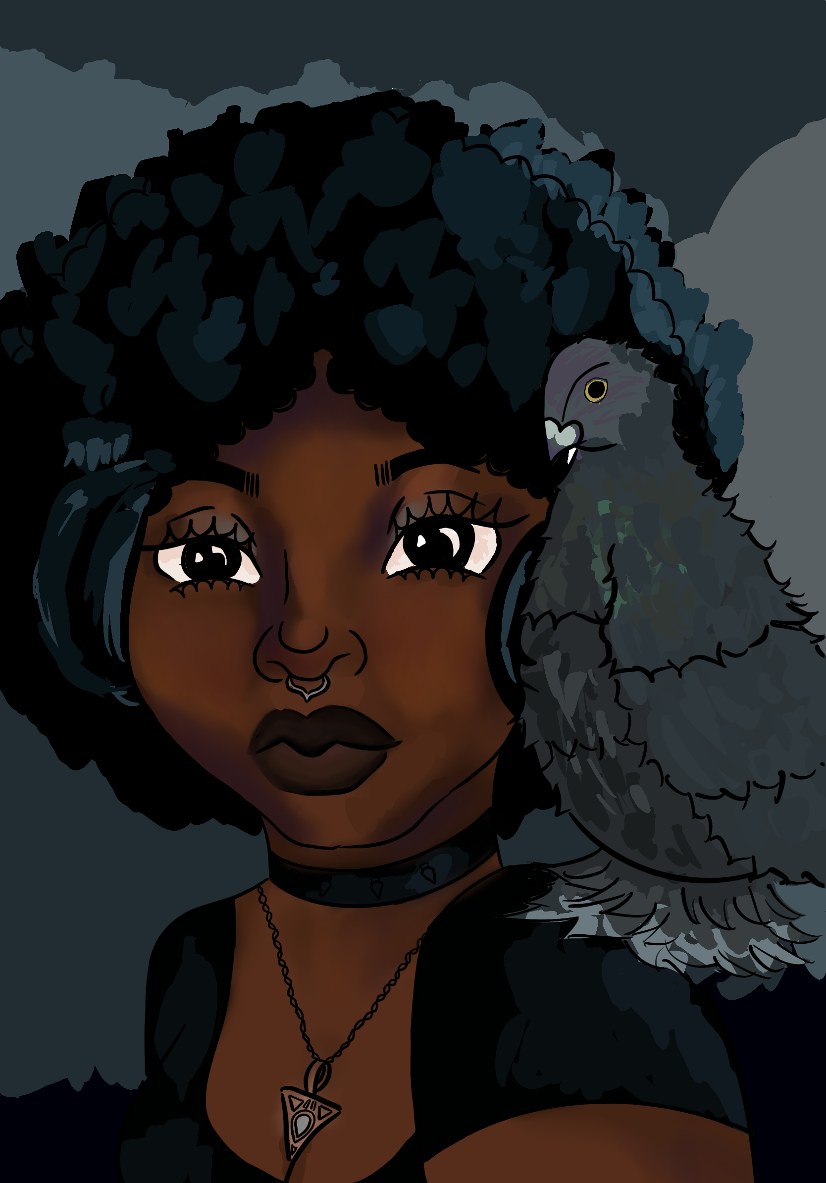 Digital painting of nonbinary person with a pigeon on their shouder 